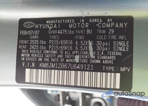 2007 Hyundai Tucson Gls z USA, uszkodzony, nr VIN KM8JM12B67U649121